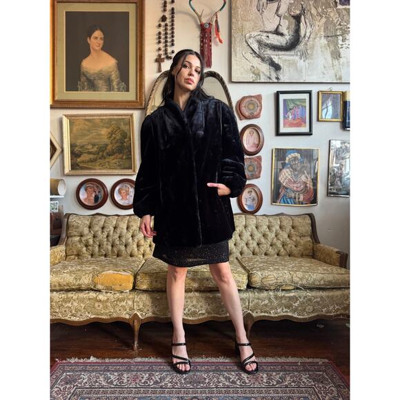 Vintage Black Faux Mink 40s Style Jacket by Outerlayers Ladies Size XL - Picture 12 of 16